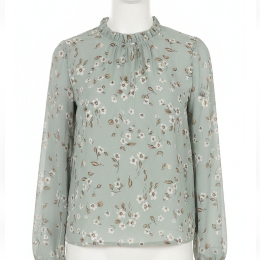 Shein Floral Chiffon Blouse Size Medium Ruffled Neck Sleeve Mint Fairy Whimsy